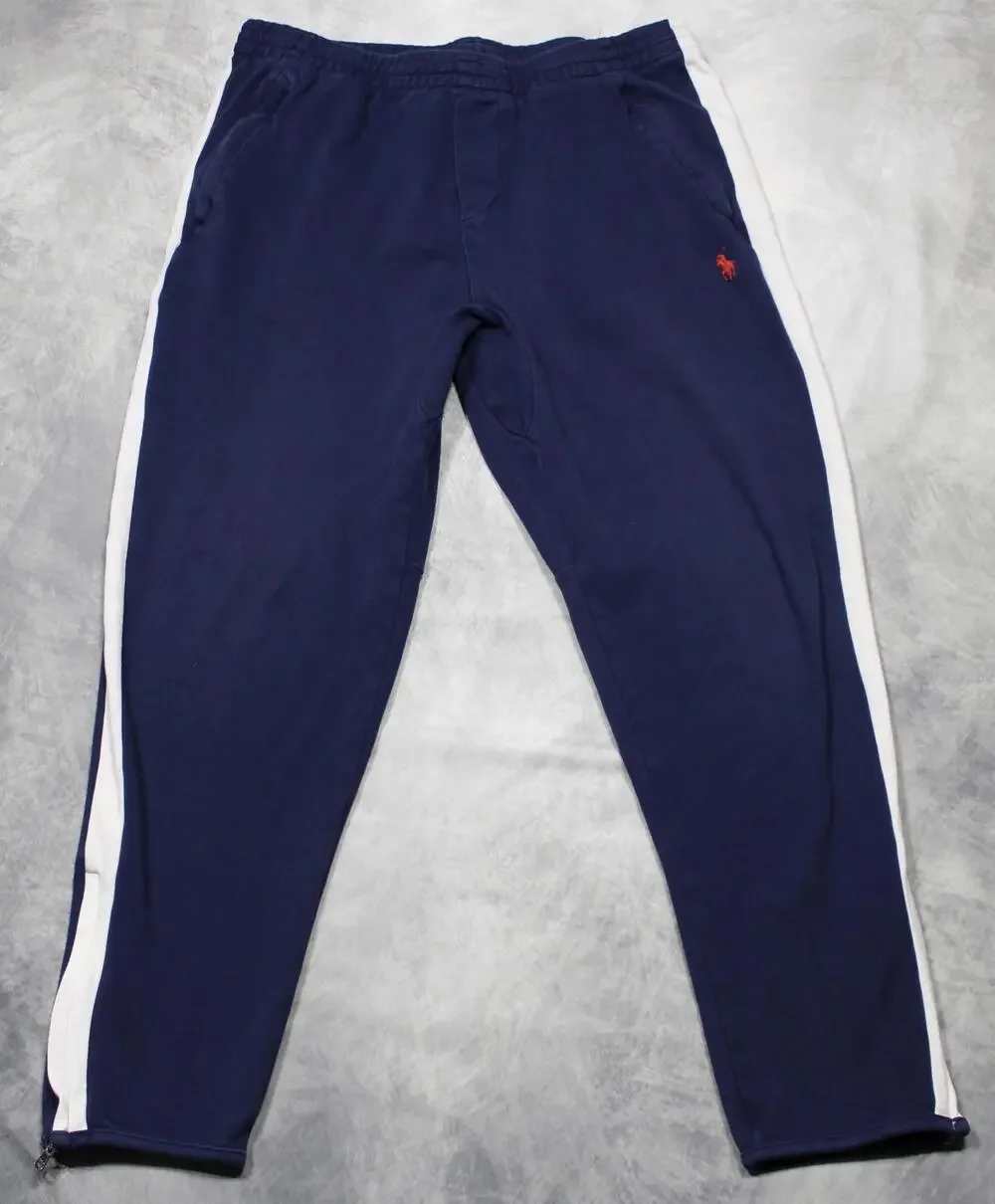 Polo Ralph Lauren Sweatpants Mens Large Blue Fleece Track Side Stripe Zip Ankle